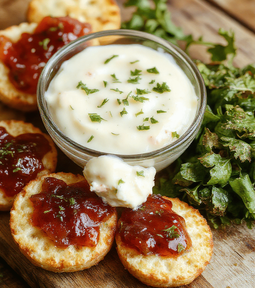 A vibrant plate featuring bite-sized cream cheese cubes topped with glossy, bright red pepper jelly and garnished with chopped herbs, arranged on a stylish white platter. The scene highlights smooth textures of cheese, the shiny, translucent pepper jelly, and fresh green herbs, with natural daylight illuminating the vivid colors and inviting textures, styled with a rustic wooden background for a warm, welcoming vibe.