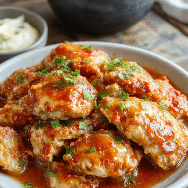 A vibrant plate of crispy glazed chicken pieces coated in glossy sweet chili sauce, garnished with fresh cilantro on a white ceramic dish, set against a rustic wooden table with colorful vegetables and a small bowl of extra sauce in the background, textures of caramelized chicken and smooth sauce create an inviting presentation.