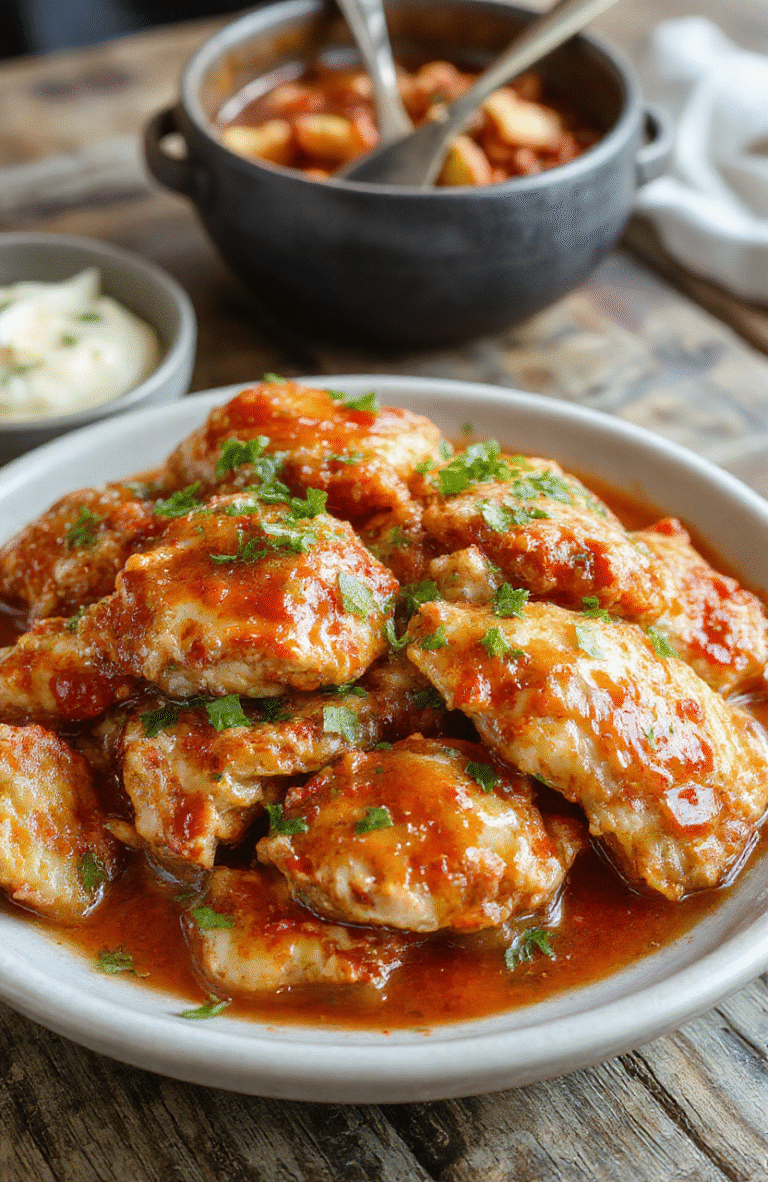 A vibrant plate of crispy glazed chicken pieces coated in glossy sweet chili sauce, garnished with fresh cilantro on a white ceramic dish, set against a rustic wooden table with colorful vegetables and a small bowl of extra sauce in the background, textures of caramelized chicken and smooth sauce create an inviting presentation.