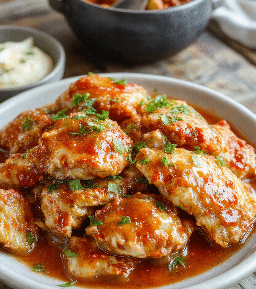 A vibrant plate of crispy glazed chicken pieces coated in glossy sweet chili sauce, garnished with fresh cilantro on a white ceramic dish, set against a rustic wooden table with colorful vegetables and a small bowl of extra sauce in the background, textures of caramelized chicken and smooth sauce create an inviting presentation.