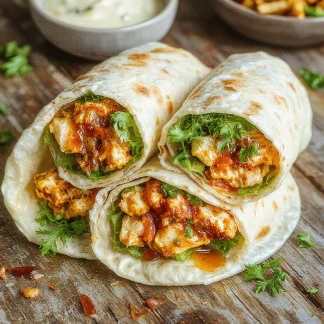 A vibrant plate featuring golden-brown chicken slices coated in glossy sweet chili sauce, wrapped in fresh lettuce and soft tortillas, garnished with chopped green onions and sesame seeds, styled for a casual dinner setting with a colorful background and natural lighting highlighting textures.
