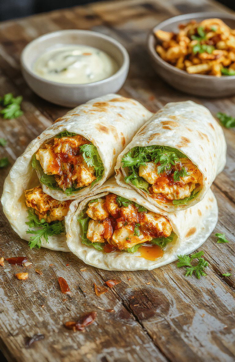 A vibrant plate featuring golden-brown chicken slices coated in glossy sweet chili sauce, wrapped in fresh lettuce and soft tortillas, garnished with chopped green onions and sesame seeds, styled for a casual dinner setting with a colorful background and natural lighting highlighting textures.