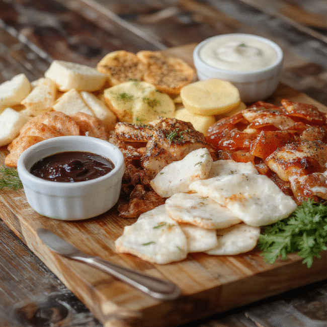 Colorful charcuterie board featuring an assortment of cured meats, assorted cheeses, fresh fruits, nuts, and crackers, artfully arranged on a wooden platter with vibrant reds, creamy whites, and earthy tones, styled for a casual yet sophisticated presentation with a rustic backdrop.