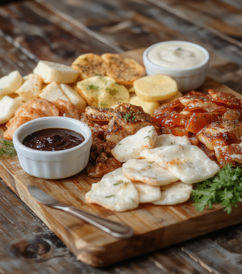 Colorful charcuterie board featuring an assortment of cured meats, assorted cheeses, fresh fruits, nuts, and crackers, artfully arranged on a wooden platter with vibrant reds, creamy whites, and earthy tones, styled for a casual yet sophisticated presentation with a rustic backdrop.