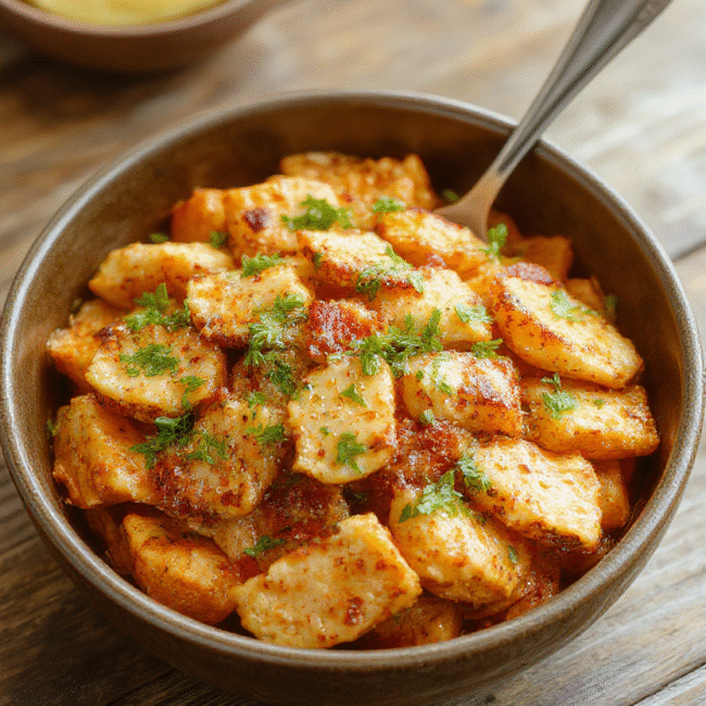 A vibrant plate featuring tender roasted chicken slices arranged over bright orange sweet potato mash, garnished with fresh greens and a drizzle of sauce. The bowl is styled simply on a rustic wooden table, with colorful ingredients contrasting against a white ceramic dish. Textural variety from crispy edges and smooth accompaniments enhances visual appeal.