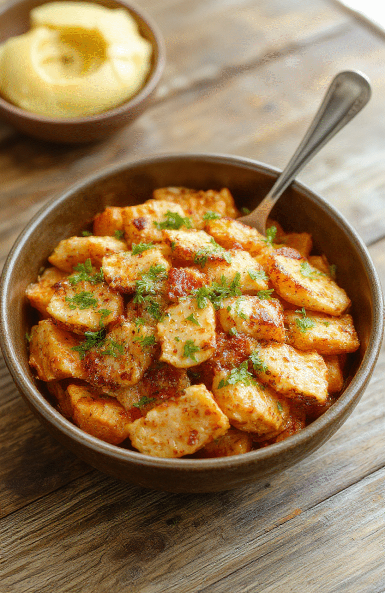 A vibrant plate featuring tender roasted chicken slices arranged over bright orange sweet potato mash, garnished with fresh greens and a drizzle of sauce. The bowl is styled simply on a rustic wooden table, with colorful ingredients contrasting against a white ceramic dish. Textural variety from crispy edges and smooth accompaniments enhances visual appeal.