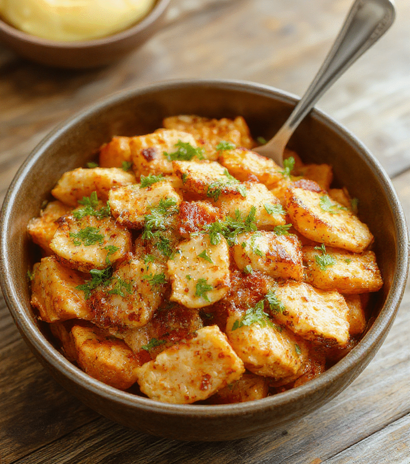 A vibrant plate featuring tender roasted chicken slices arranged over bright orange sweet potato mash, garnished with fresh greens and a drizzle of sauce. The bowl is styled simply on a rustic wooden table, with colorful ingredients contrasting against a white ceramic dish. Textural variety from crispy edges and smooth accompaniments enhances visual appeal.