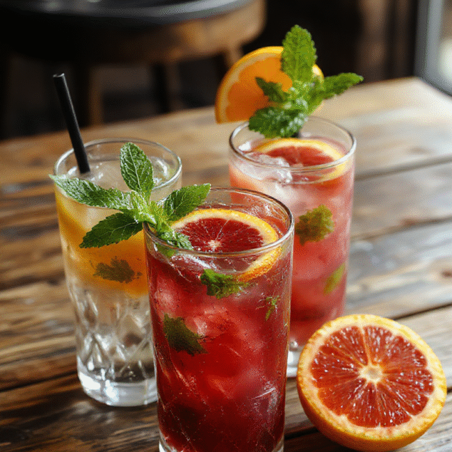 Vibrant deep orange blood orange slices topped with fresh mint sprigs and crushed ice in a tall glass, garnished with a blood orange wheel, set on a rustic wooden table with blurred summer background, capturing the refreshing and zesty appeal of the cocktail.