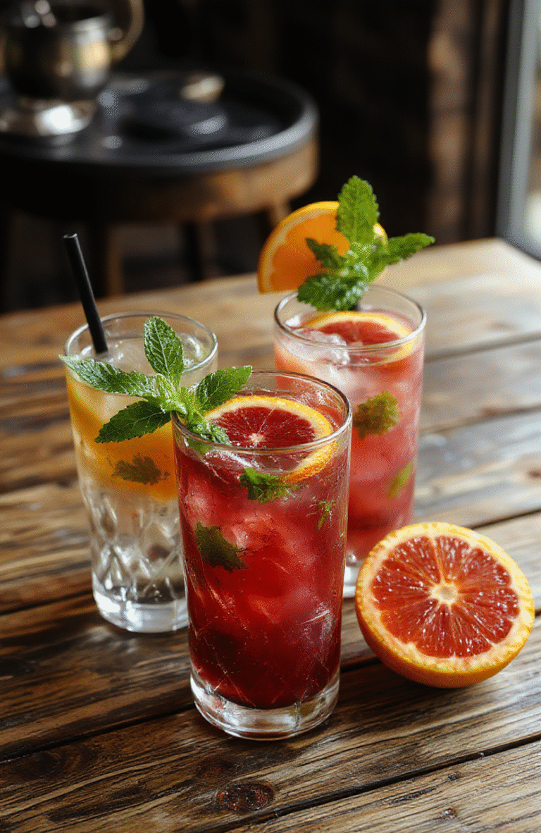Vibrant deep orange blood orange slices topped with fresh mint sprigs and crushed ice in a tall glass, garnished with a blood orange wheel, set on a rustic wooden table with blurred summer background, capturing the refreshing and zesty appeal of the cocktail.