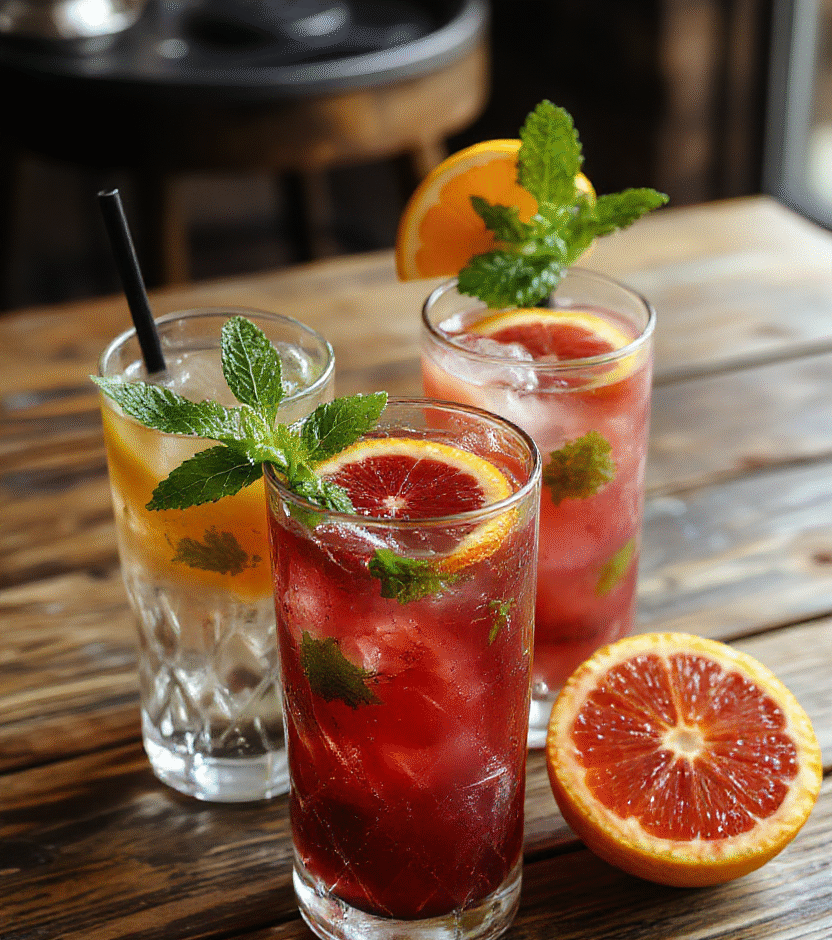 Vibrant deep orange blood orange slices topped with fresh mint sprigs and crushed ice in a tall glass, garnished with a blood orange wheel, set on a rustic wooden table with blurred summer background, capturing the refreshing and zesty appeal of the cocktail.