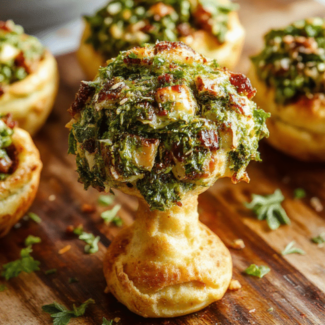 A golden-brown puff pastry tree decorated with vibrant green basil pesto swirls, served on a rustic wooden board with fresh herbs around, flaky and crispy texture visible, colorful and inviting presentation perfect for holiday appetizers.