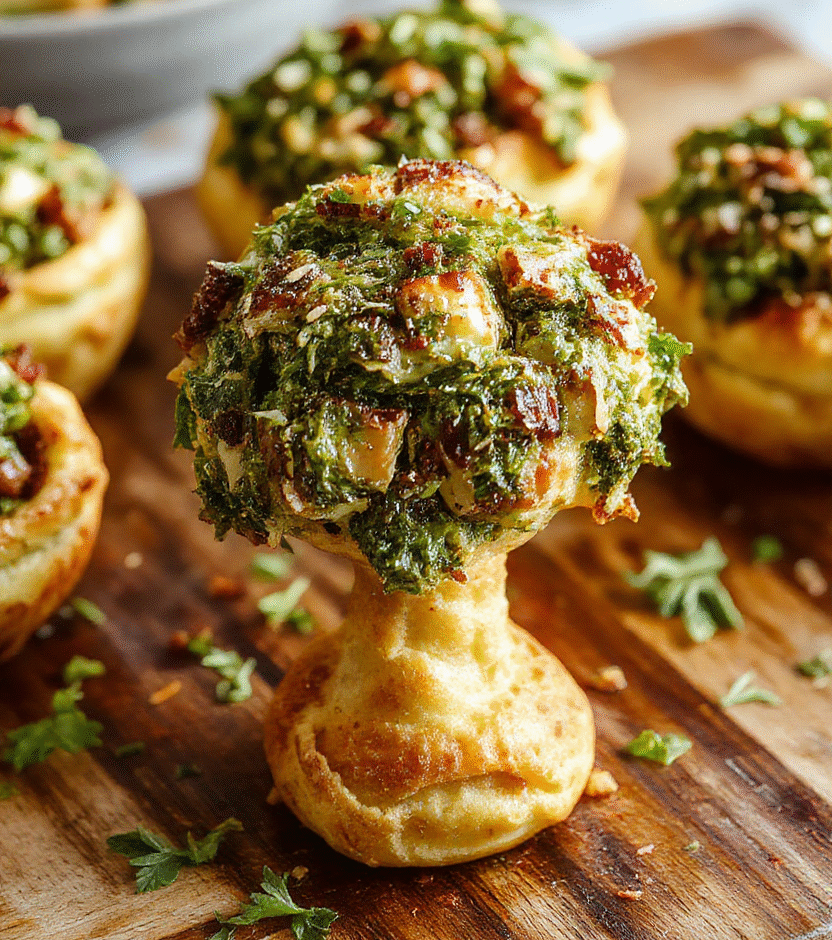 A golden-brown puff pastry tree decorated with vibrant green basil pesto swirls, served on a rustic wooden board with fresh herbs around, flaky and crispy texture visible, colorful and inviting presentation perfect for holiday appetizers.