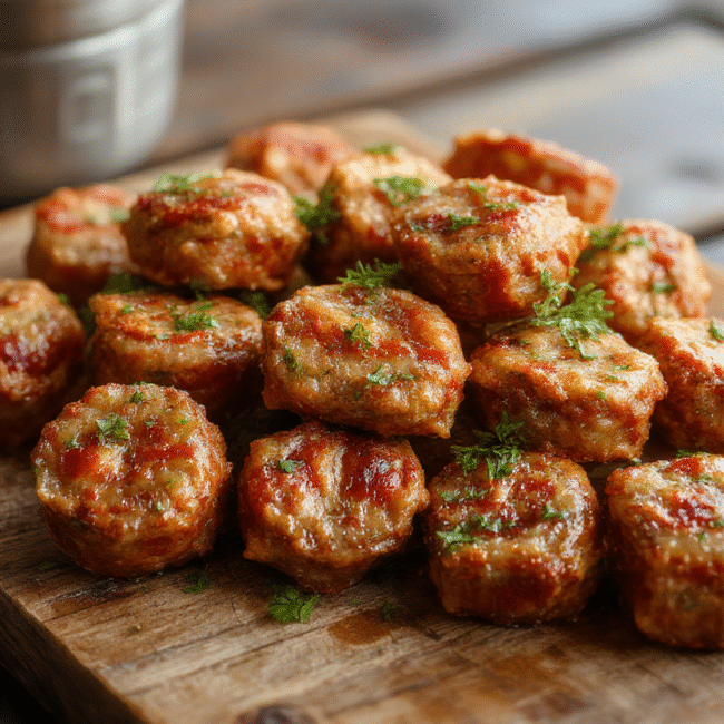 Golden brown sausage bites arranged on a white plate, garnished with fresh chopped herbs, with a crispy textured exterior and juicy interior, styled on a rustic wooden surface with soft natural light highlighting the textures and warm colors.