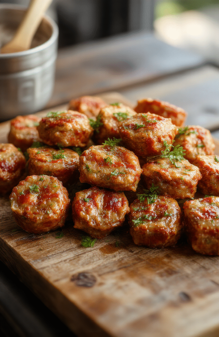 Golden brown sausage bites arranged on a white plate, garnished with fresh chopped herbs, with a crispy textured exterior and juicy interior, styled on a rustic wooden surface with soft natural light highlighting the textures and warm colors.