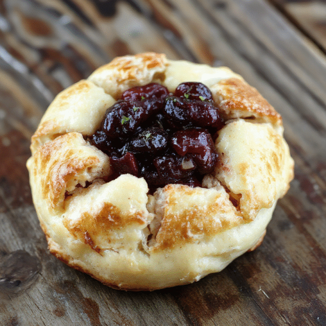 A golden-brown crescent ring filled with tender turkey, vibrant red cranberry sauce, and melted cheese, beautifully arranged on a white plate with fresh herbs garnish, styled simply with a rustic wooden background, textures highlighted to showcase the flaky pastry and juicy filling.