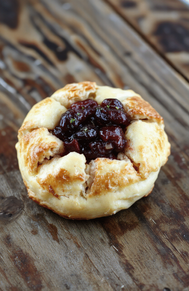 A golden-brown crescent ring filled with tender turkey, vibrant red cranberry sauce, and melted cheese, beautifully arranged on a white plate with fresh herbs garnish, styled simply with a rustic wooden background, textures highlighted to showcase the flaky pastry and juicy filling.