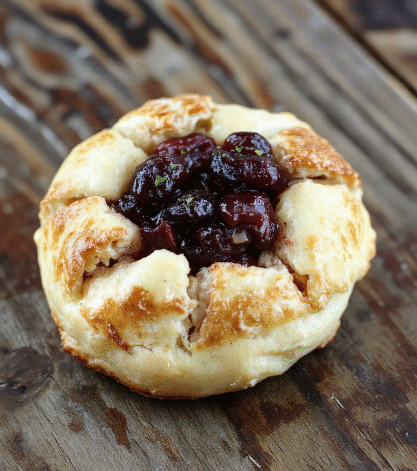 A golden-brown crescent ring filled with tender turkey, vibrant red cranberry sauce, and melted cheese, beautifully arranged on a white plate with fresh herbs garnish, styled simply with a rustic wooden background, textures highlighted to showcase the flaky pastry and juicy filling.