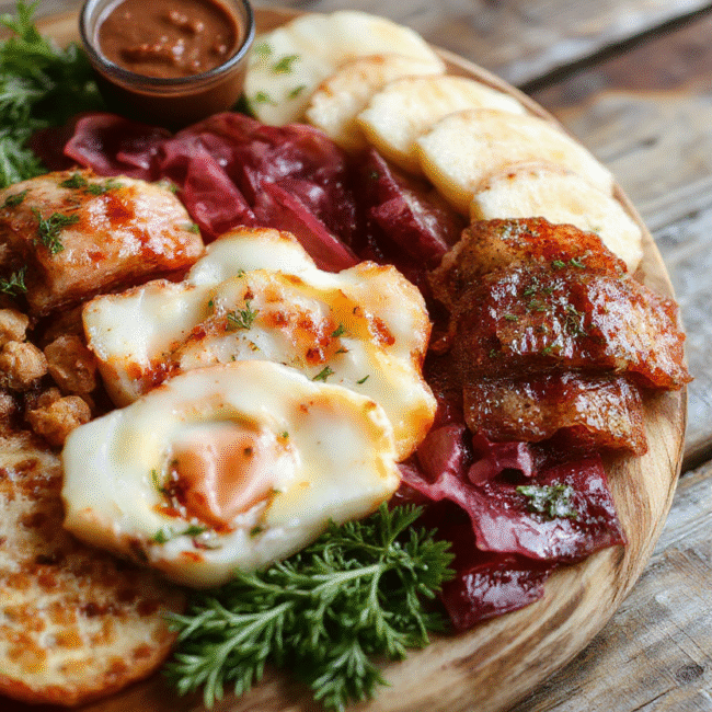 A colorful holiday charcuterie board featuring an assortment of cheeses, cured meats, fresh fruits, nuts, and crackers; vibrant reds, greens, and golds enhance the festive scene on a rustic wooden platter, styled with holiday accents and elegant garnishes, textures of creamy cheeses and crispy crackers contrasted with juicy fruits