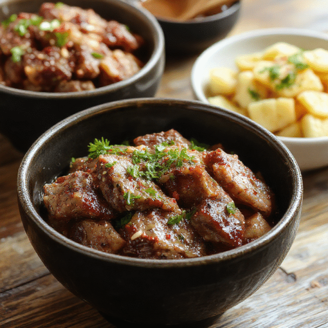 A vibrant bowl featuring tender hibachi-style steak slices, glossy teriyaki sauce, fluffy steamed rice, and colorful vegetables like broccoli and carrots, all beautifully arranged with a sprinkle of sesame seeds on top, styled on a rustic wooden surface with a clean, minimal background.