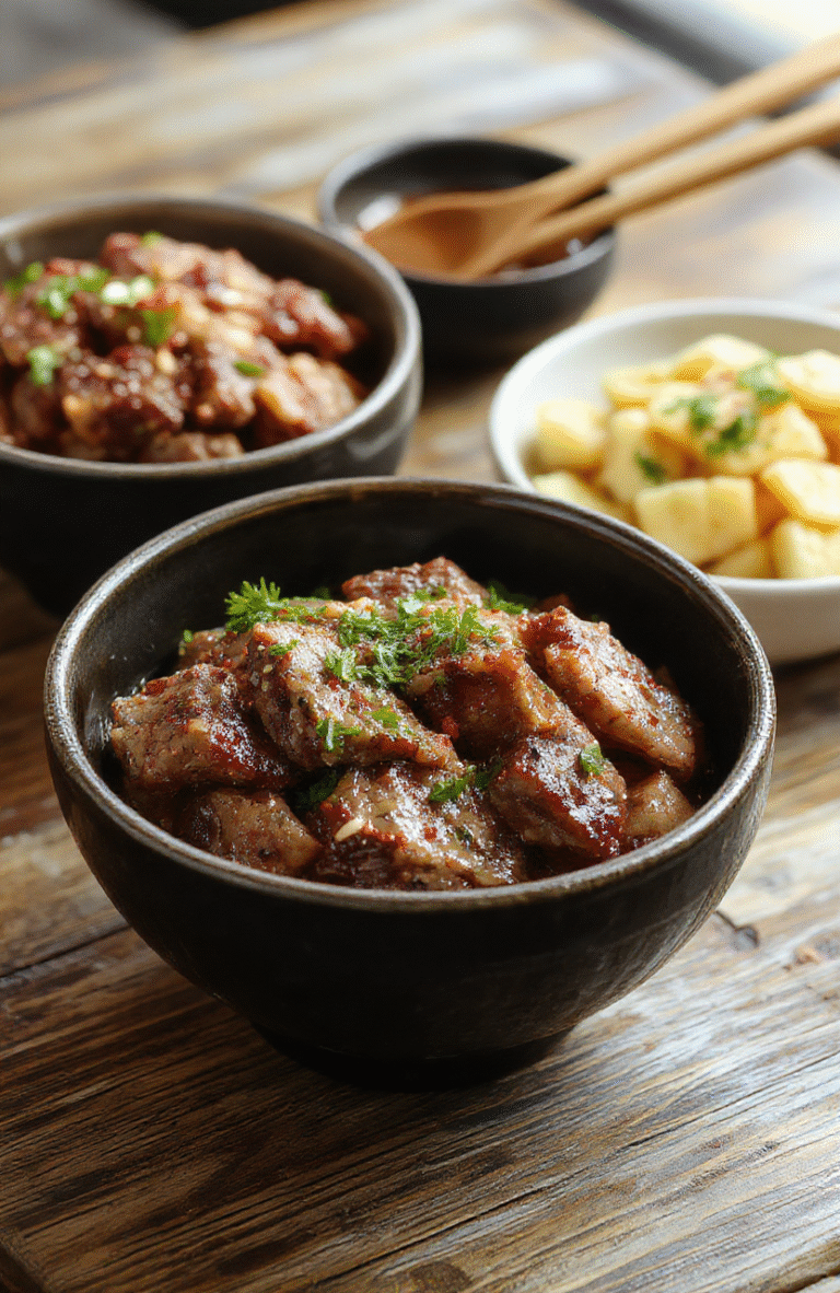A vibrant bowl featuring tender hibachi-style steak slices, glossy teriyaki sauce, fluffy steamed rice, and colorful vegetables like broccoli and carrots, all beautifully arranged with a sprinkle of sesame seeds on top, styled on a rustic wooden surface with a clean, minimal background.