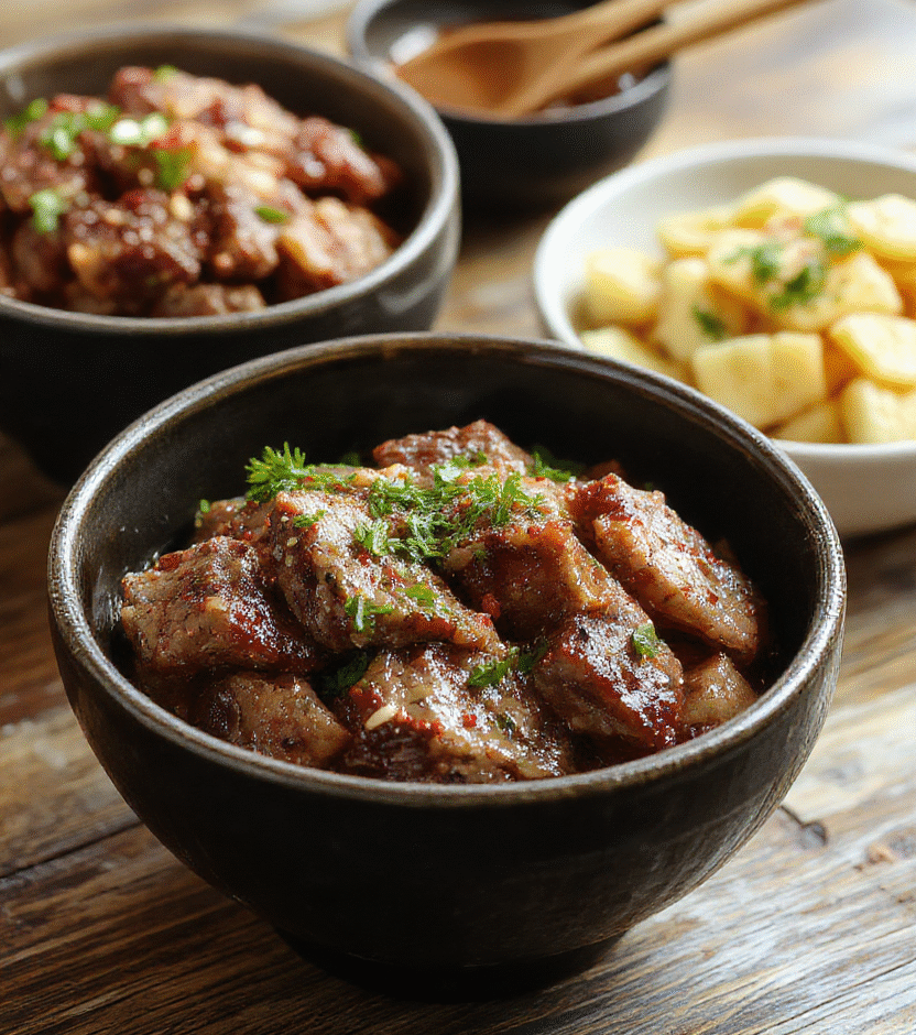 A vibrant bowl featuring tender hibachi-style steak slices, glossy teriyaki sauce, fluffy steamed rice, and colorful vegetables like broccoli and carrots, all beautifully arranged with a sprinkle of sesame seeds on top, styled on a rustic wooden surface with a clean, minimal background.