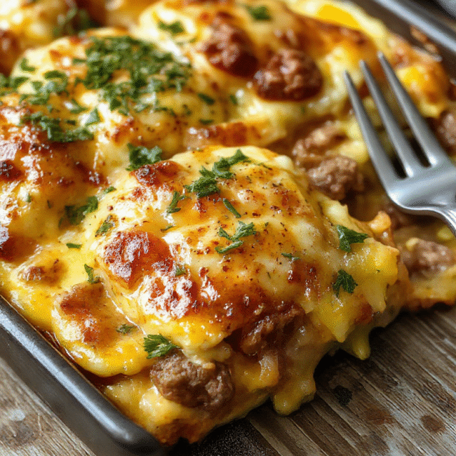 A golden, cheesy sausage egg casserole sliced on a white ceramic plate, garnished with fresh herbs, with fluffy eggs, browned sausage chunks, and melted cheese visible, styled with a rustic wooden background and natural lighting.