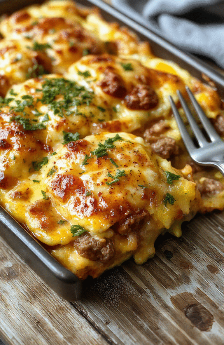 A golden, cheesy sausage egg casserole sliced on a white ceramic plate, garnished with fresh herbs, with fluffy eggs, browned sausage chunks, and melted cheese visible, styled with a rustic wooden background and natural lighting.