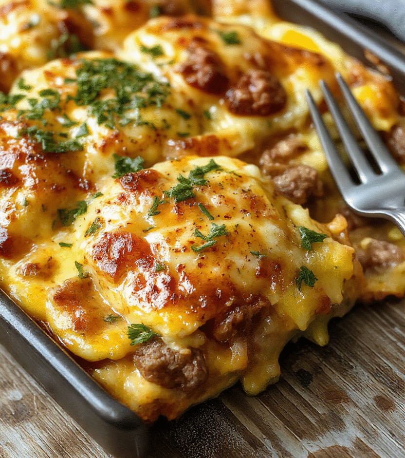 A golden, cheesy sausage egg casserole sliced on a white ceramic plate, garnished with fresh herbs, with fluffy eggs, browned sausage chunks, and melted cheese visible, styled with a rustic wooden background and natural lighting.