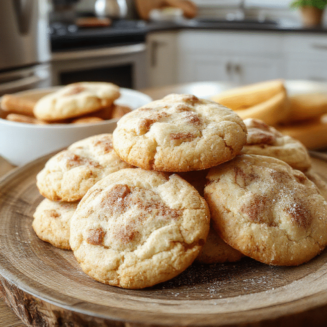 A batch of soft and chewy snickerdoodles arranged on a rustic wooden plate, sprinkled with cinnamon sugar, showcasing their golden-brown edges and slightly cracked surface, with a cozy kitchen background and warm natural lighting emphasizing their gooey texture and inviting appearance.