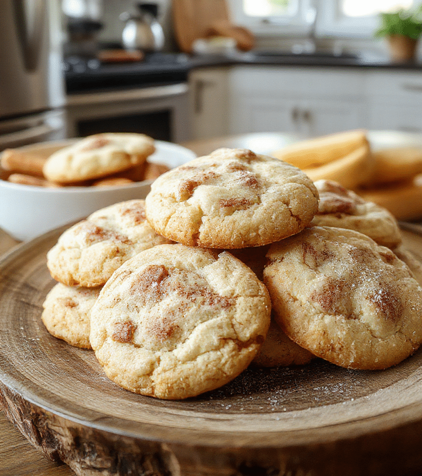 A batch of soft and chewy snickerdoodles arranged on a rustic wooden plate, sprinkled with cinnamon sugar, showcasing their golden-brown edges and slightly cracked surface, with a cozy kitchen background and warm natural lighting emphasizing their gooey texture and inviting appearance.
