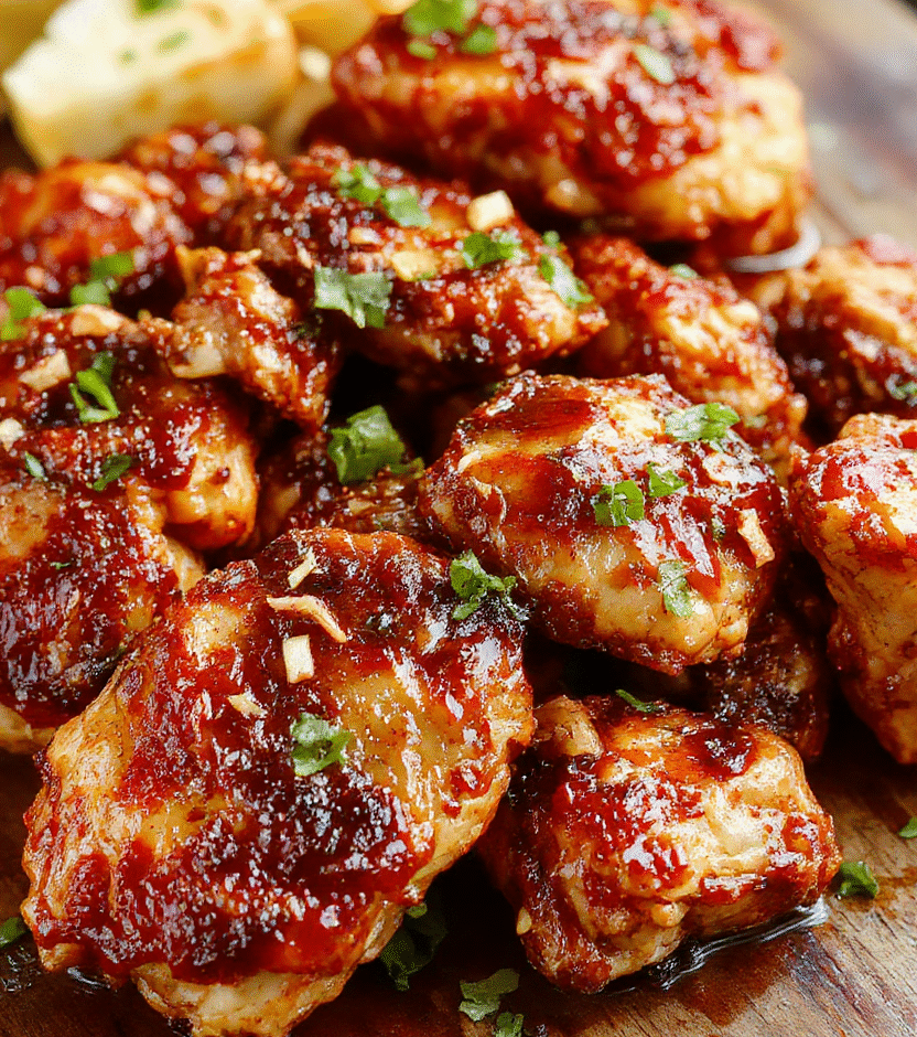 A vibrant plate of spicy firecracker chicken featuring crispy golden-brown chicken bites coated in a glossy red and orange fiery sauce, garnished with chopped green onions and red chili flakes, styled simply on a rustic white plate with fresh herbs and sesame seeds, with a colorful background that highlights the bold flavors and textures.