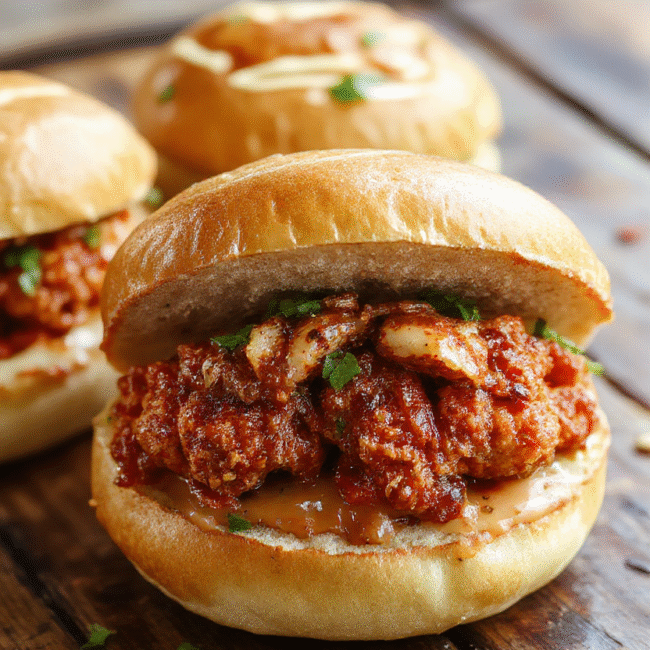 A vibrant plate featuring a crispy fried chicken fillet coated in spicy red Nashville hot sauce, nestled in a toasted bun with pickle slices and creamy coleslaw, garnished with a sprinkle of chili flakes and herbs. The sandwich is beautifully plated on a rustic wooden surface, with a side of pickles and a small bowl of extra hot sauce, styled to highlight the crispy texture and bold colors.