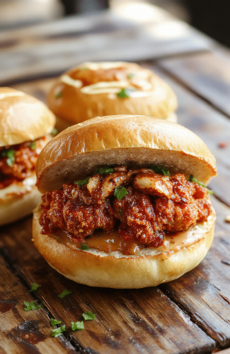 A vibrant plate featuring a crispy fried chicken fillet coated in spicy red Nashville hot sauce, nestled in a toasted bun with pickle slices and creamy coleslaw, garnished with a sprinkle of chili flakes and herbs. The sandwich is beautifully plated on a rustic wooden surface, with a side of pickles and a small bowl of extra hot sauce, styled to highlight the crispy texture and bold colors.