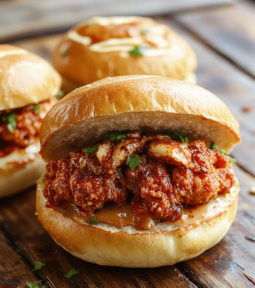 A vibrant plate featuring a crispy fried chicken fillet coated in spicy red Nashville hot sauce, nestled in a toasted bun with pickle slices and creamy coleslaw, garnished with a sprinkle of chili flakes and herbs. The sandwich is beautifully plated on a rustic wooden surface, with a side of pickles and a small bowl of extra hot sauce, styled to highlight the crispy texture and bold colors.