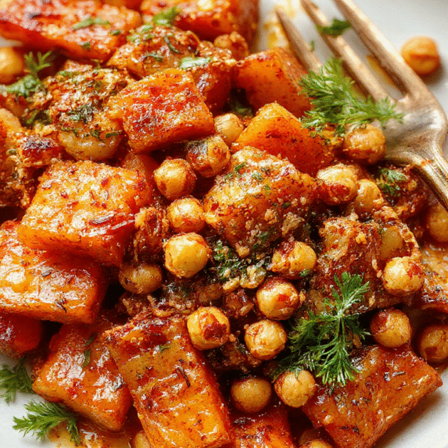 Colorful roasted carrots glazed with spices, topped with crispy chickpeas, served on a rustic white plate with a sprinkle of fresh herbs, vibrant orange and golden textures contrast with the crispy brown chickpeas, styled with a neutral background and soft natural daylight highlighting the textures and spices.