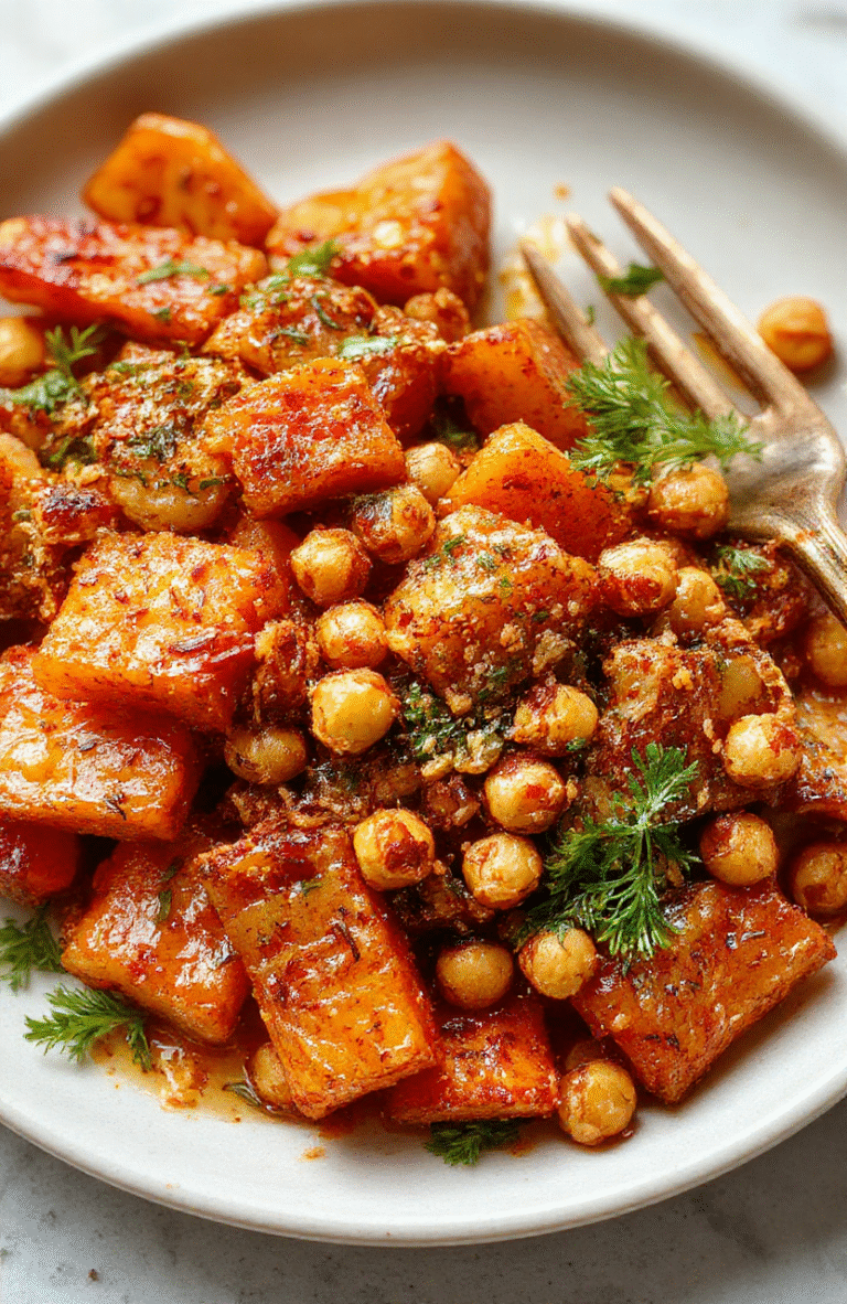 Colorful roasted carrots glazed with spices, topped with crispy chickpeas, served on a rustic white plate with a sprinkle of fresh herbs, vibrant orange and golden textures contrast with the crispy brown chickpeas, styled with a neutral background and soft natural daylight highlighting the textures and spices.