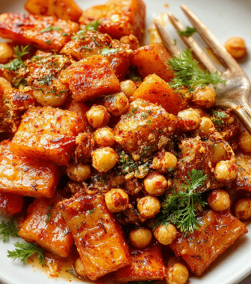 Colorful roasted carrots glazed with spices, topped with crispy chickpeas, served on a rustic white plate with a sprinkle of fresh herbs, vibrant orange and golden textures contrast with the crispy brown chickpeas, styled with a neutral background and soft natural daylight highlighting the textures and spices.