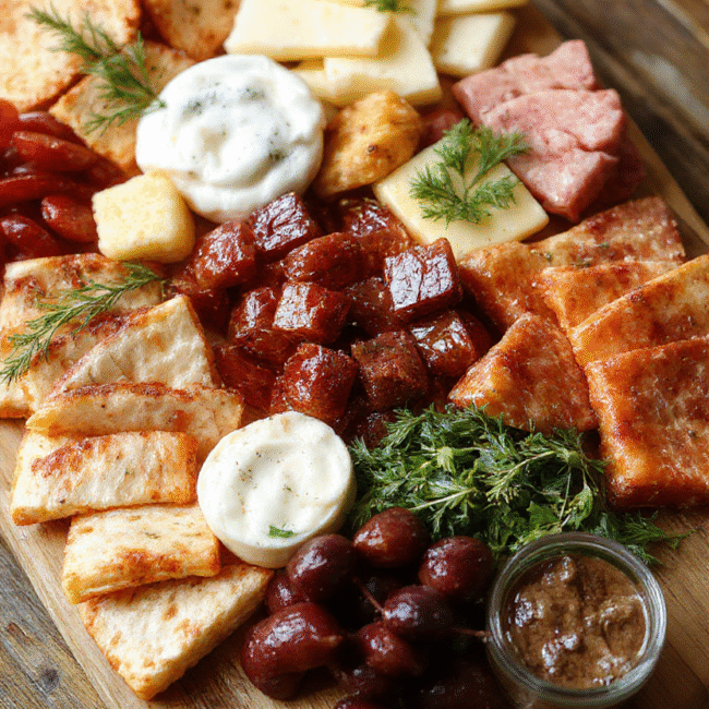 A beautifully arranged charcuterie board featuring an assortment of cheeses, cured meats, fresh fruits, nuts, and crackers. The board is styled with vibrant colors and textures, showcasing an inviting and elegant presentation on a rustic wooden surface, with natural lighting highlighting the variety of ingredients.