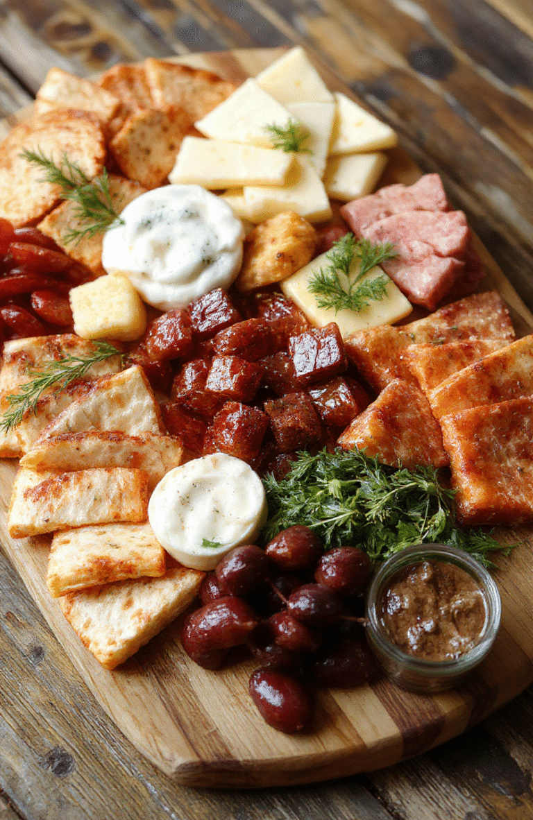A beautifully arranged charcuterie board featuring an assortment of cheeses, cured meats, fresh fruits, nuts, and crackers. The board is styled with vibrant colors and textures, showcasing an inviting and elegant presentation on a rustic wooden surface, with natural lighting highlighting the variety of ingredients.
