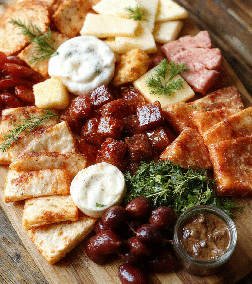 A beautifully arranged charcuterie board featuring an assortment of cheeses, cured meats, fresh fruits, nuts, and crackers. The board is styled with vibrant colors and textures, showcasing an inviting and elegant presentation on a rustic wooden surface, with natural lighting highlighting the variety of ingredients.