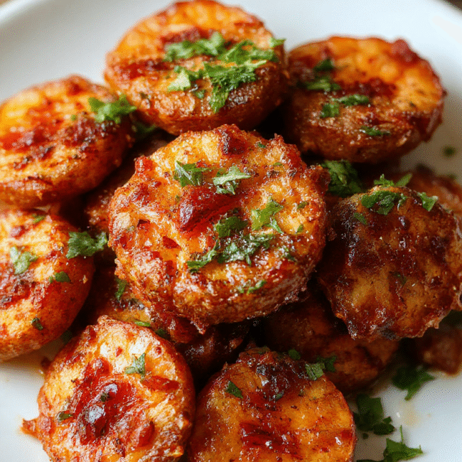 Close-up of crispy golden-brown sweet potato rounds arranged on a rustic white plate with a sprinkle of fresh herbs, showing their textured surface and vibrant orange color, styled on a wooden table with natural light highlighting the textures and a blurred background for a cozy, inviting atmosphere.
