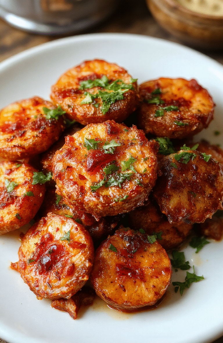 Close-up of crispy golden-brown sweet potato rounds arranged on a rustic white plate with a sprinkle of fresh herbs, showing their textured surface and vibrant orange color, styled on a wooden table with natural light highlighting the textures and a blurred background for a cozy, inviting atmosphere.