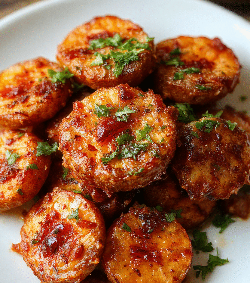 Close-up of crispy golden-brown sweet potato rounds arranged on a rustic white plate with a sprinkle of fresh herbs, showing their textured surface and vibrant orange color, styled on a wooden table with natural light highlighting the textures and a blurred background for a cozy, inviting atmosphere.