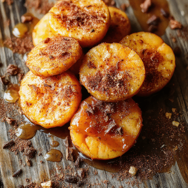 Golden brown sweet potato rounds topped with a drizzle of honey and a sprinkle of cinnamon, arranged on a rustic wooden platter with a slightly caramelized texture and a crispy on the edges look, garnished with fresh parsley, styled simply with a neutral background showcasing the vibrant orange hue of the sweet potatoes.