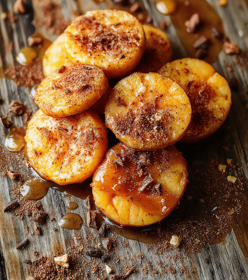 Golden brown sweet potato rounds topped with a drizzle of honey and a sprinkle of cinnamon, arranged on a rustic wooden platter with a slightly caramelized texture and a crispy on the edges look, garnished with fresh parsley, styled simply with a neutral background showcasing the vibrant orange hue of the sweet potatoes.