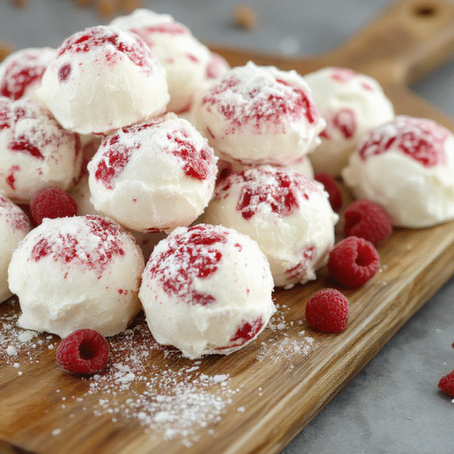 A visually appealing plate of Sweet Raspberry Snowballs featuring round, powdered sugar-coated cookies with a vibrant raspberry filling visible through cracks, arranged on a rustic plate. The cookies are lightly textured, dusted with powdered sugar, with a hint of bright red raspberry peeking through. The background is softly blurred, highlighting the cookies' delicate appearance and inviting texture, styled for a cozy holiday bakery scene.