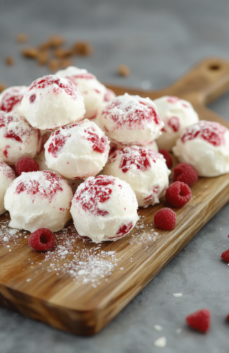 A visually appealing plate of Sweet Raspberry Snowballs featuring round, powdered sugar-coated cookies with a vibrant raspberry filling visible through cracks, arranged on a rustic plate. The cookies are lightly textured, dusted with powdered sugar, with a hint of bright red raspberry peeking through. The background is softly blurred, highlighting the cookies' delicate appearance and inviting texture, styled for a cozy holiday bakery scene.