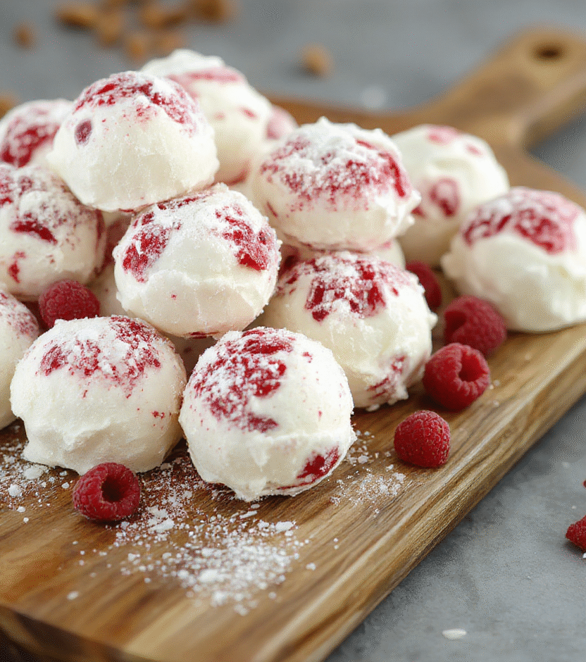 A visually appealing plate of Sweet Raspberry Snowballs featuring round, powdered sugar-coated cookies with a vibrant raspberry filling visible through cracks, arranged on a rustic plate. The cookies are lightly textured, dusted with powdered sugar, with a hint of bright red raspberry peeking through. The background is softly blurred, highlighting the cookies' delicate appearance and inviting texture, styled for a cozy holiday bakery scene.