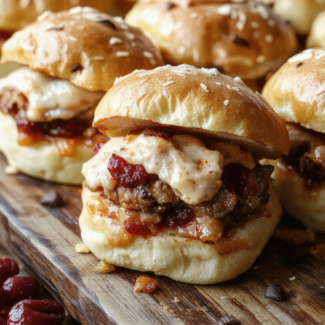 A close-up of turkey cranberry sliders arranged on a rustic wooden platter. The sliders are topped with fresh cranberry sauce, melted cheese, and arugula, showcasing vibrant red, creamy white, and green hues. The background features a softly blurred holiday-themed setting with warm lighting, creating a festive and inviting atmosphere.