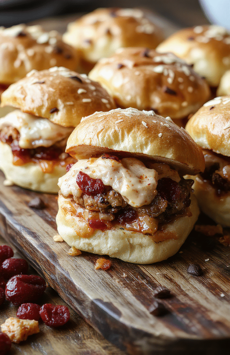 A close-up of turkey cranberry sliders arranged on a rustic wooden platter. The sliders are topped with fresh cranberry sauce, melted cheese, and arugula, showcasing vibrant red, creamy white, and green hues. The background features a softly blurred holiday-themed setting with warm lighting, creating a festive and inviting atmosphere.